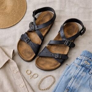 Bikis Navy Blue Leather Strappy Cork Footbed Sandals US Size 9/9.5  Buckle Slide